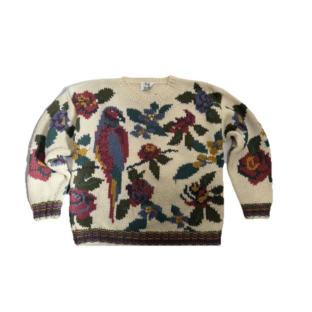 Vtg.90s Together Cotton Sweater L Cottage core Garden  Knit FLoral